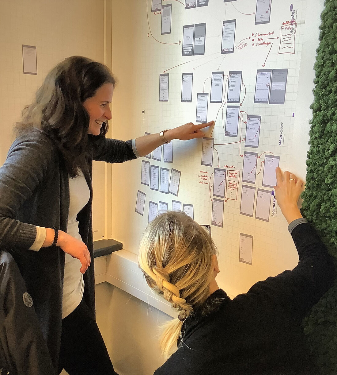 Two colleagues discussing a flow diagram pinned to the wall during a workshop