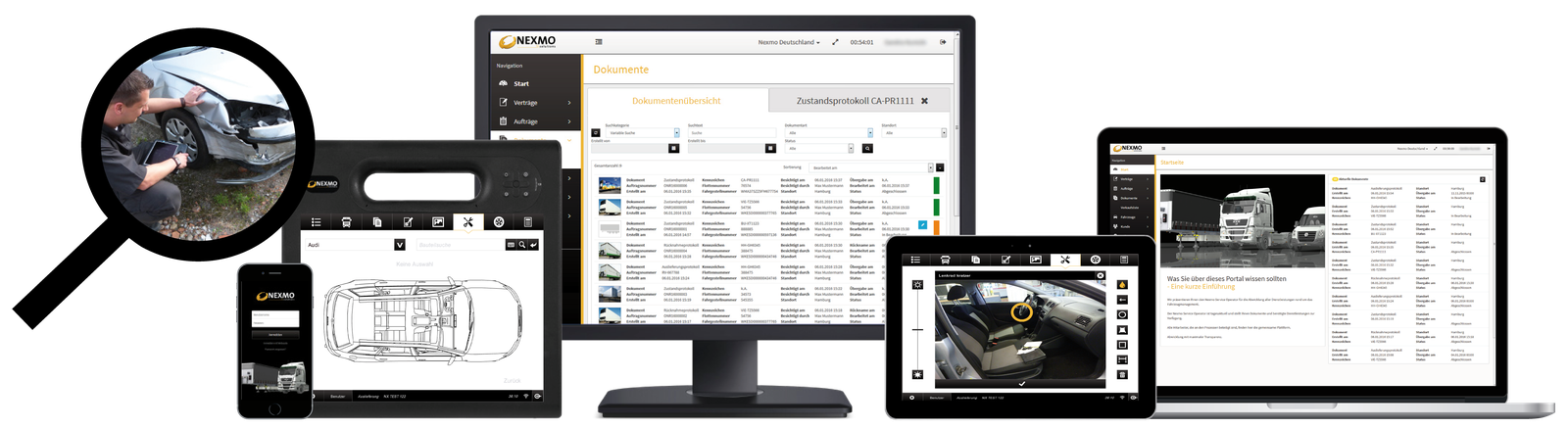 A software interface displayed across desktop, tablet and mobile screens, alongside an on-site inspection photo